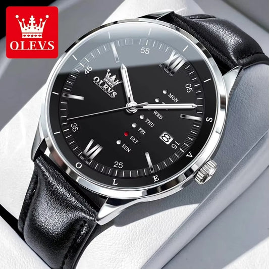 OLEVS 2931 Quartz Leather Strap Calendar Men's Watch-Silver Black