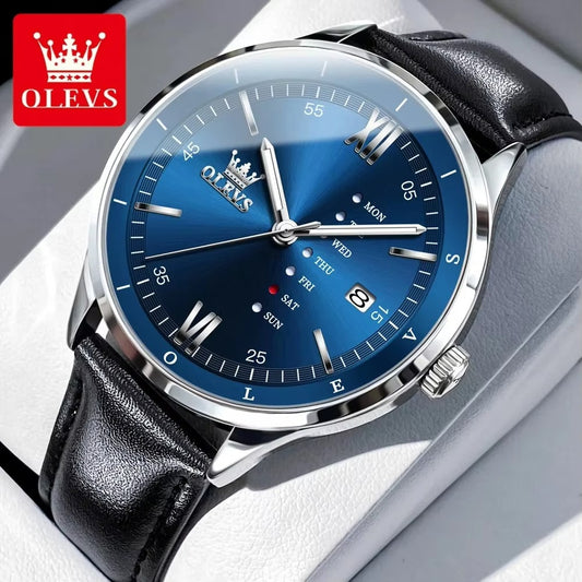 OLEVS 2931 Quartz Leather Strap Calendar Men's Watch-Silver Blue