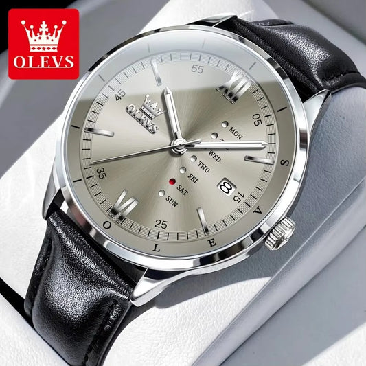 OLEVS 2931 Quartz Leather Strap Calendar Men's Watch-Silver