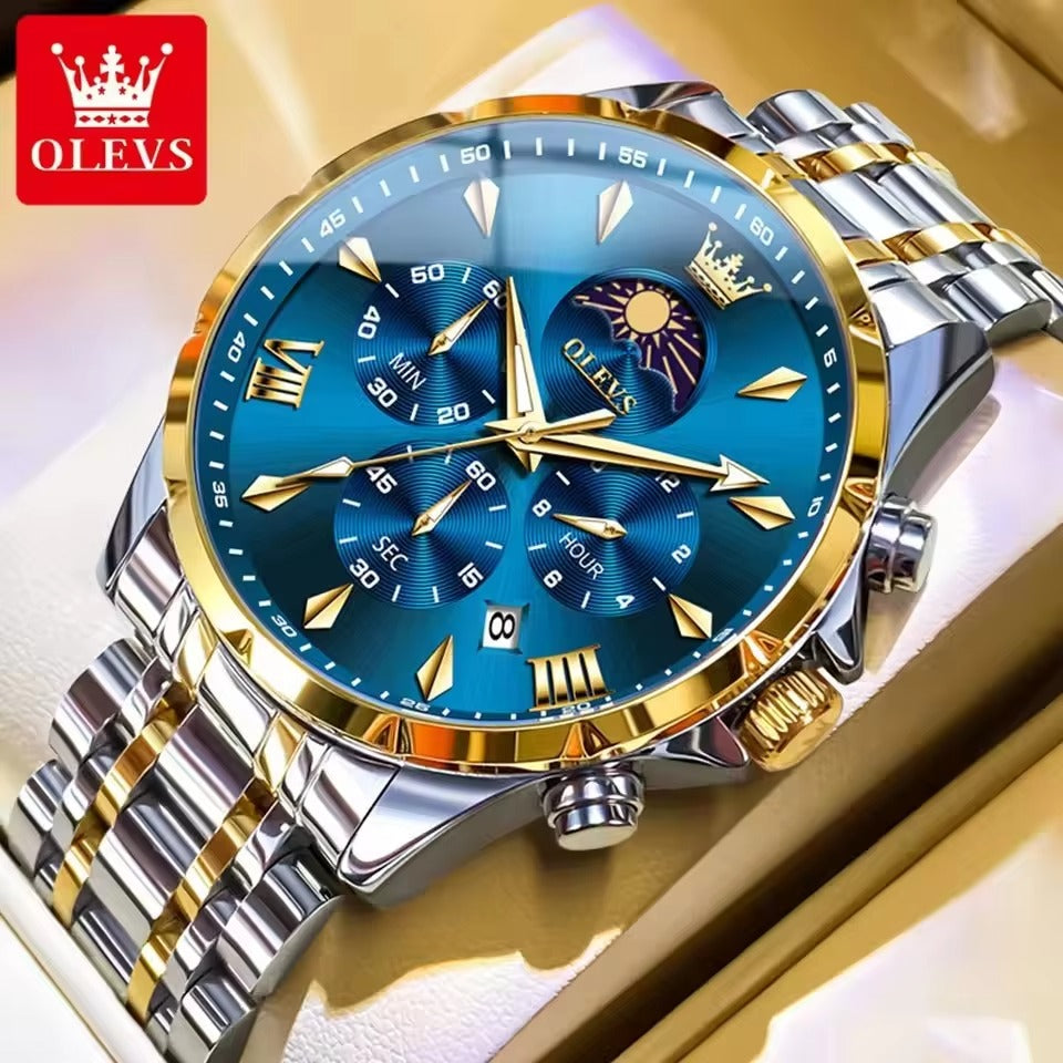 OLEVS 3653 Moon Phase Chronograph Stainless Steel Men's Watch-Gold Blue