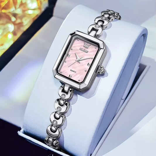 OLEVS 3665 Elegant Fashion Square Dial Ladies Watch-Silver Pink