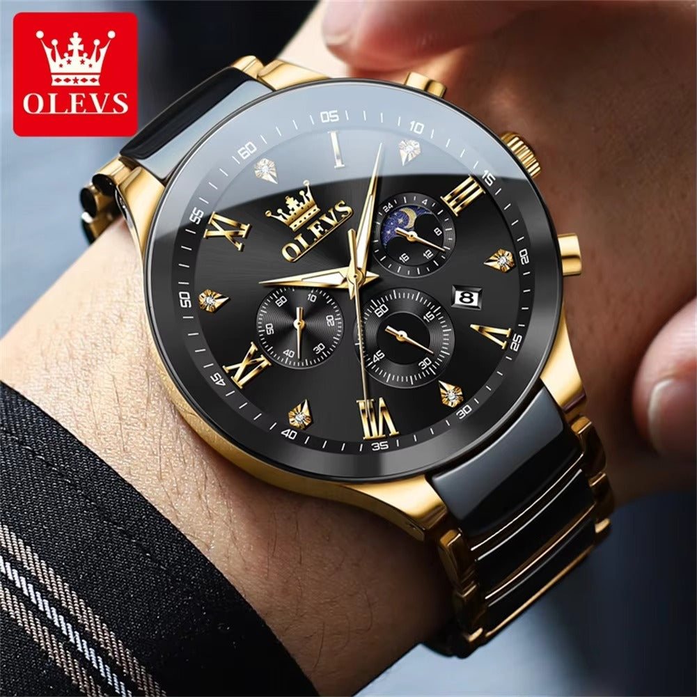 OLEVS 7004 Luxury Ceramic Chronograph Men's Watch-Gold Black