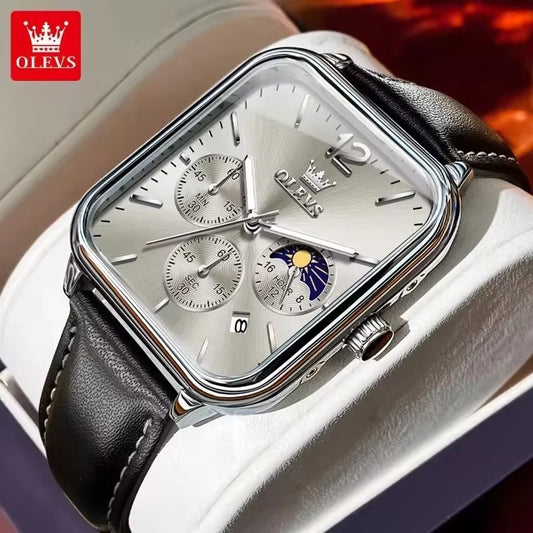 OLEVS 9914 Classic Leather Strap Men's Watch-Silver Gray