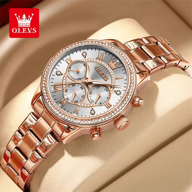 OLEVS TY715 Luxury Diamond Chronograph Ladies Watch-Rose Gold