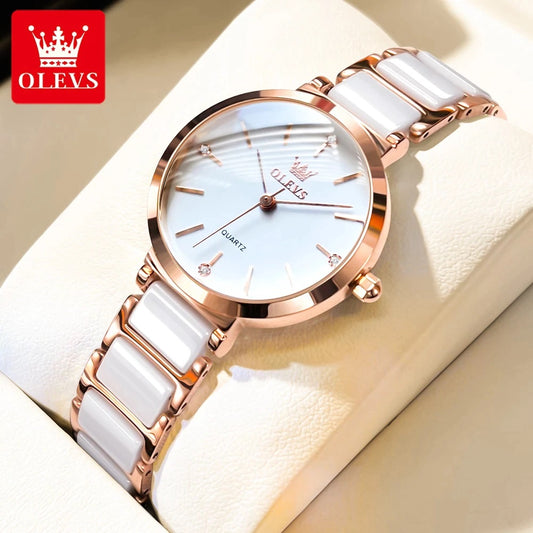 OLEVS 5877 Ceramic Classic fashion Quartz movement women watch- Rose Gold & White