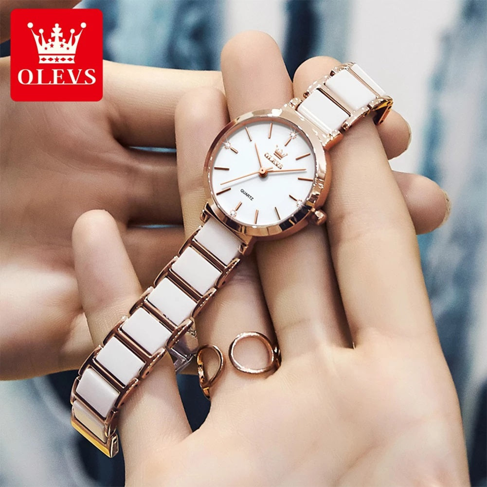 OLEVS 5877 Ceramic Classic fashion Quartz movement women watch- Rose Gold & White
