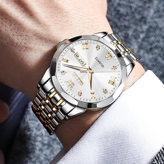 Olevs 9931 New luxury Fashion stainless steel imported quartz movement wrist-watch for Men- Silver Gold