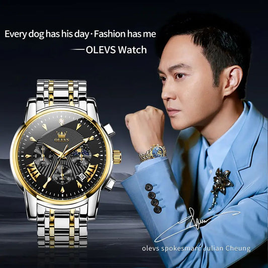 Olevs 2892 Chronograph Quartz Watch For Men - Silver & Black