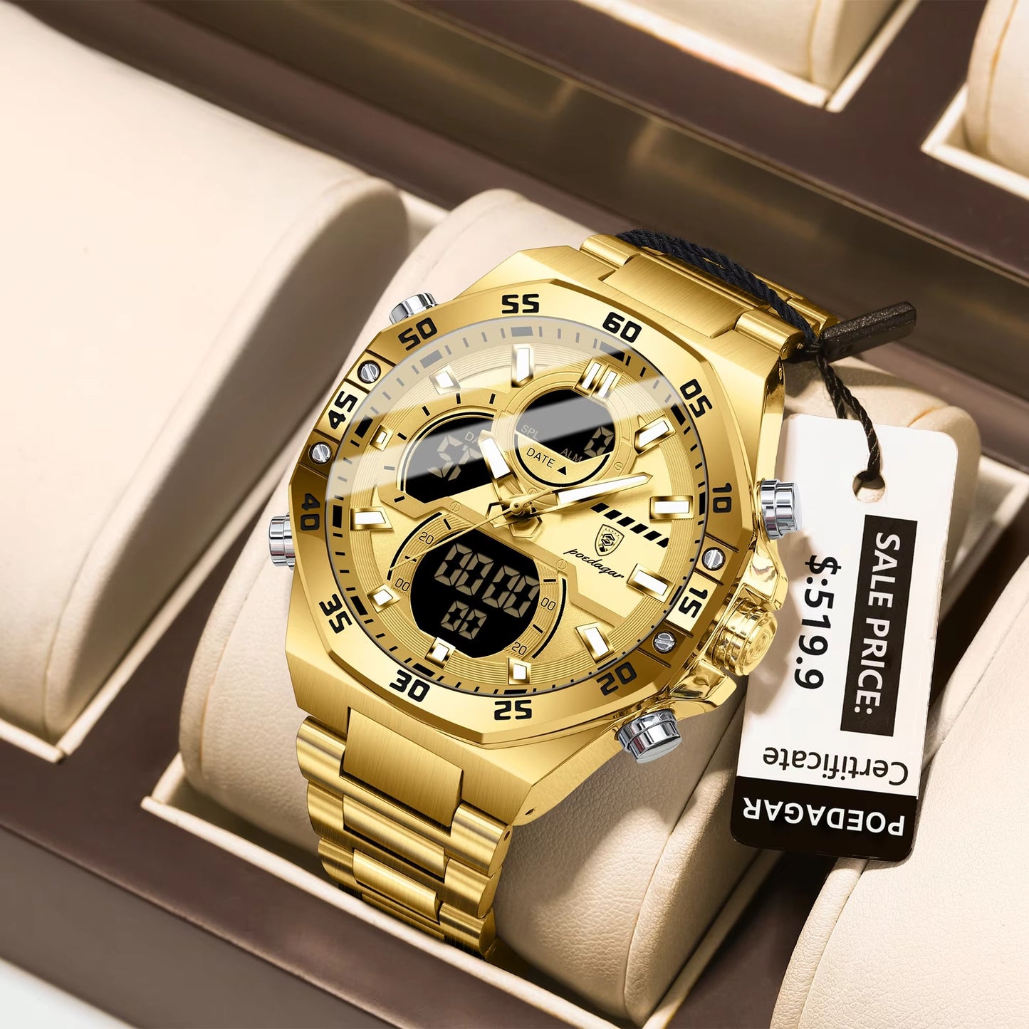 POEDAGAR 101 Electronic Dual Time Stainless Men's Watch-Gold