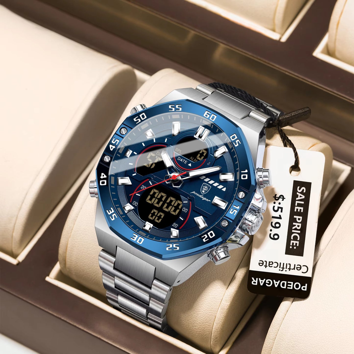 POEDAGAR 101 Electronic Dual Time Stainless Men's Watch-Silver Blue