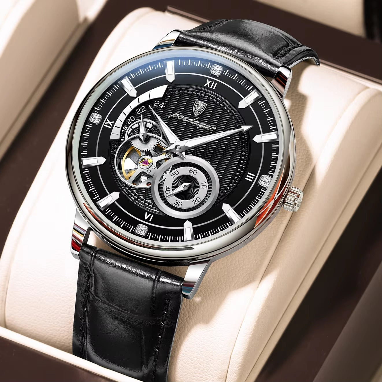 POEDAGAR 1416 Luxury Luminous Leather Belt Automatic Men's Watch-Silver Black
