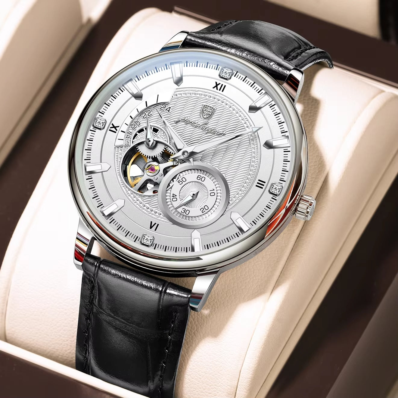 POEDAGAR 1416 Luxury Luminous Leather Belt Automatic Men's Watch-Silver