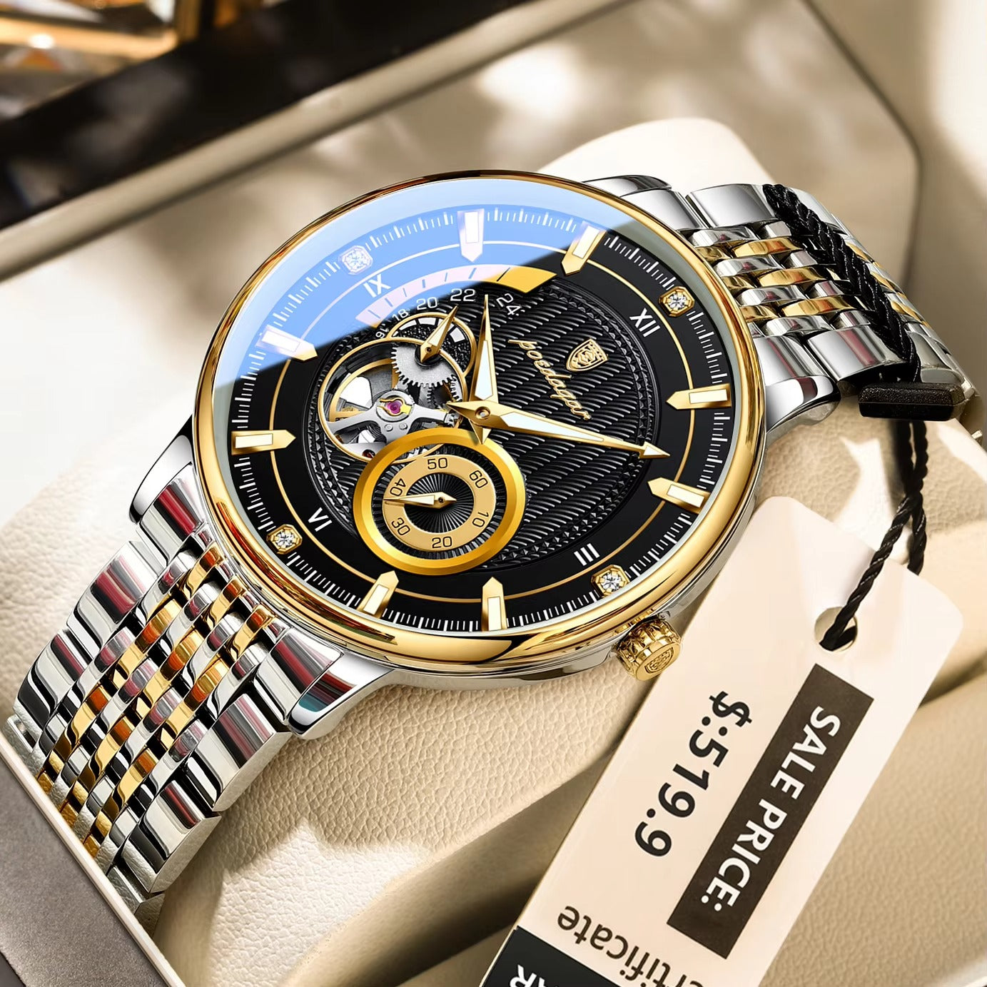 POEDAGAR 1416 New Automatic Mechanical Stainless Steel Men’s Watch-Gold Black