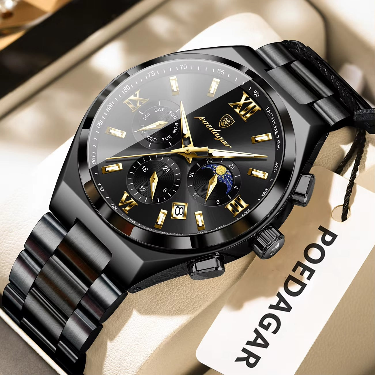 POEDAGAR 688 Luxury Luminous Stainless Steel Men's Watch-Black