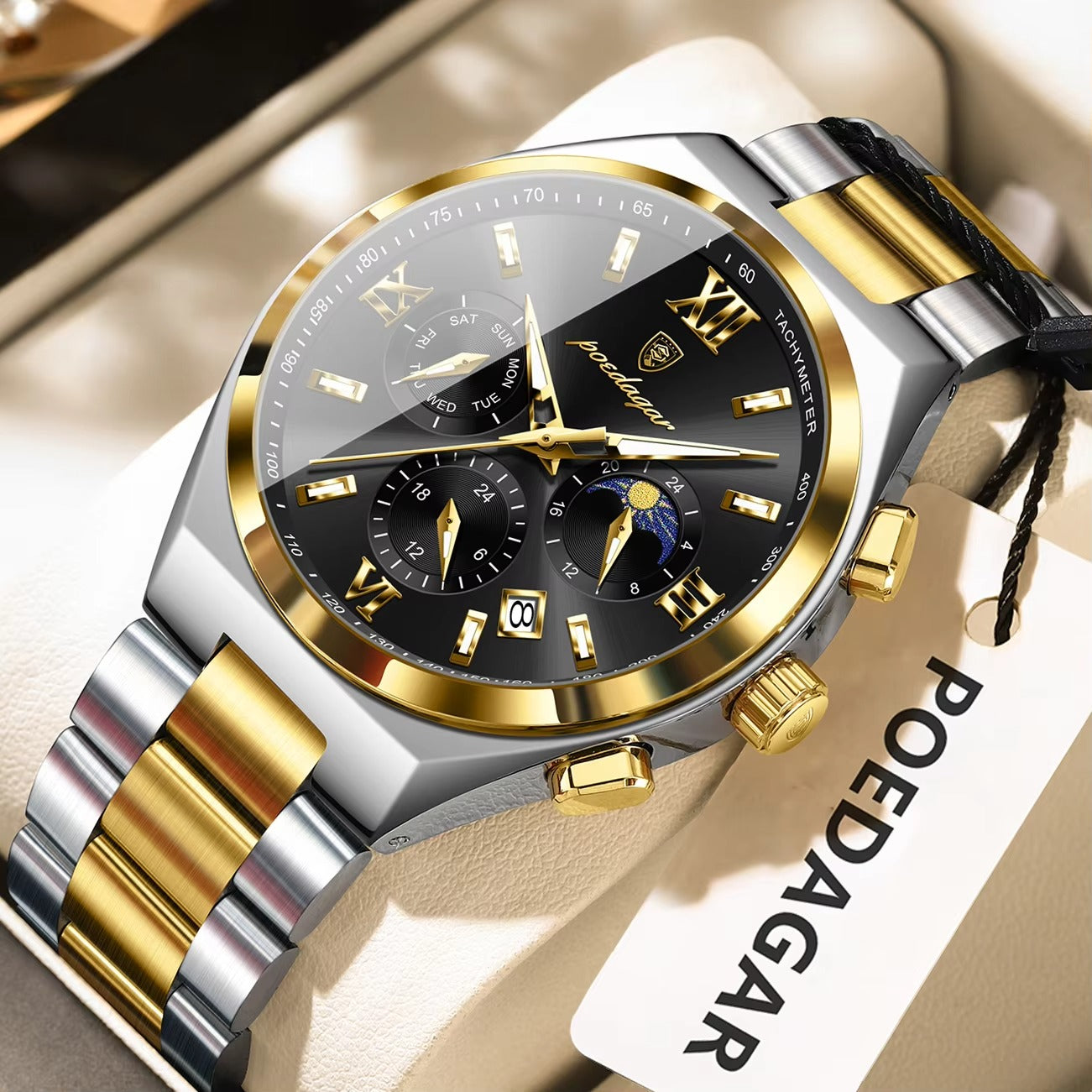 POEDAGAR 688 Luxury Luminous Stainless Steel Men's Watch-Gold Black