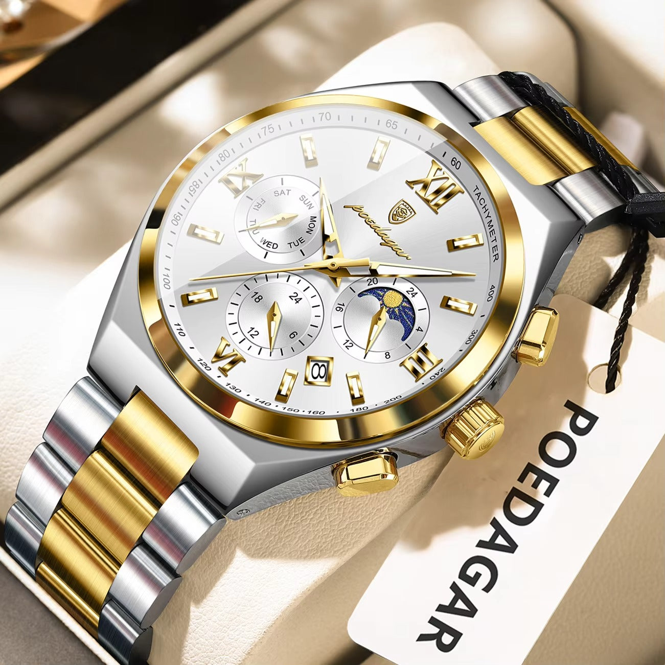 POEDAGAR 688 Luxury Luminous Stainless Steel Men's Watch-Gold White