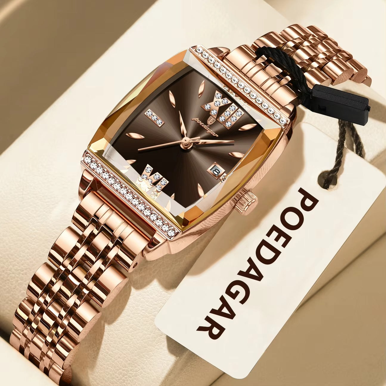 POEDAGAR 795 Luxury Fashion Crystal Stone Ladies Watch-Rose Brown