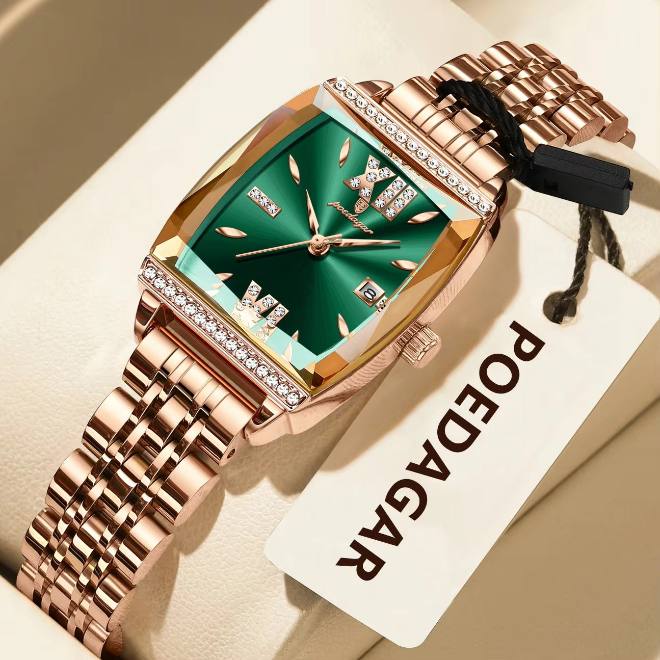 POEDAGAR 795 Luxury Fashion Crystal Stone Ladies Watch-Rose Green