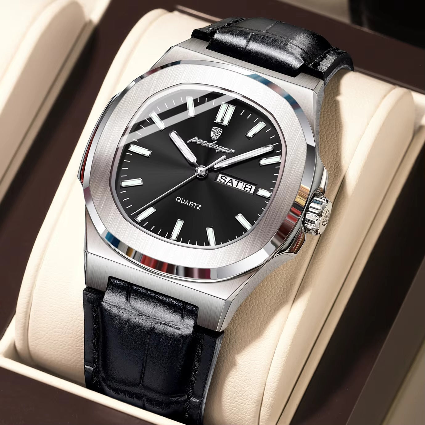 POEDAGAR 853 Casual Leather Strap Men's Watch-Silver Black