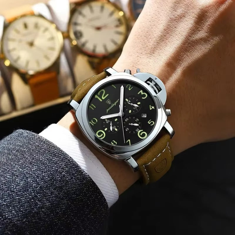 POEDAGAR 859 Luxury Sports Leather Strap Men's Watch-Silver Black