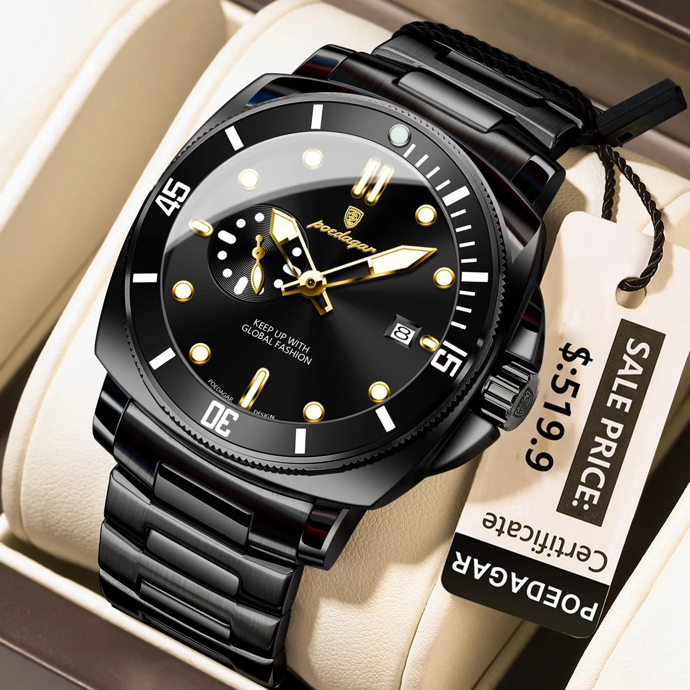 POEDAGAR 873 New Luxury Luminous Quartz Men's Watch-Black