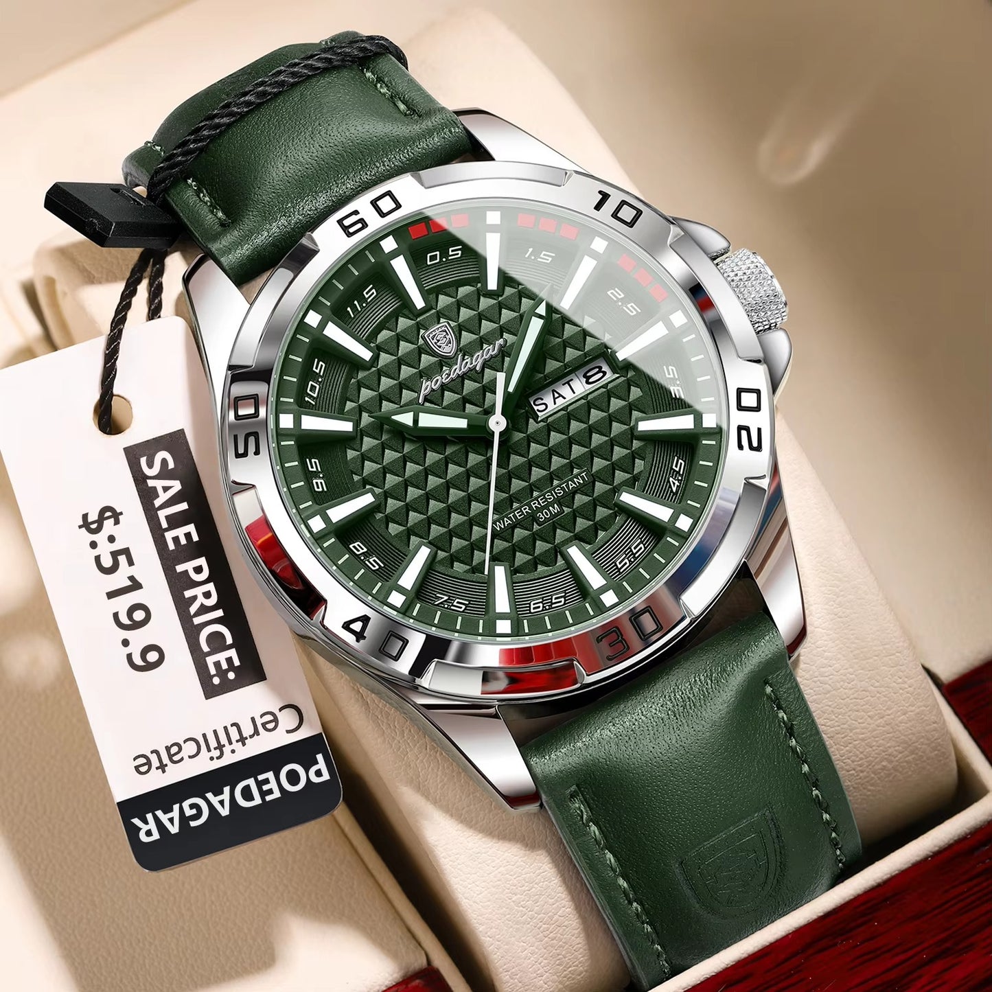 POEDAGAR 895 Luxury Luminous Leather Men's Watch-Silver Green