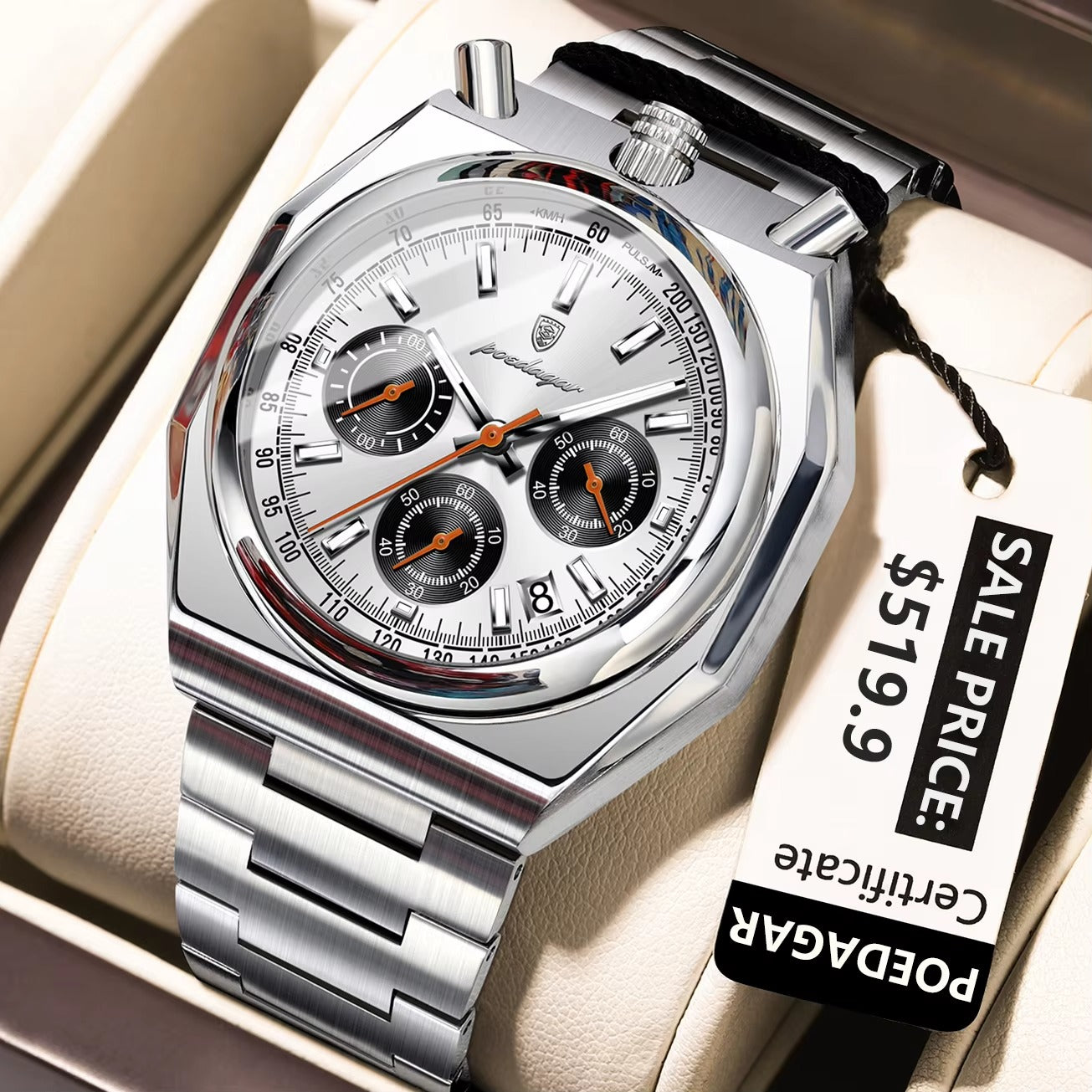 POEDAGAR 897 Unique Design Chronograph Men's Watch-Silver
