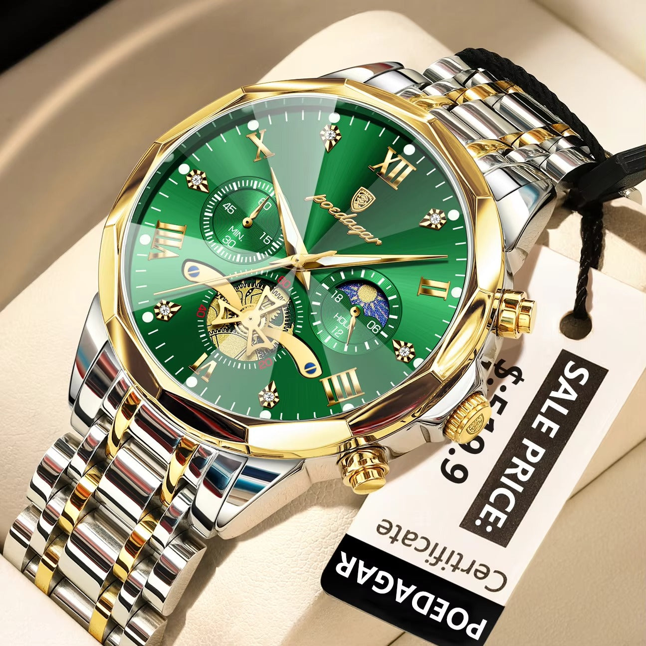 POEDAGAR 938 Elegant Stainless Steel Chronograph Men's Watch-Gold Green