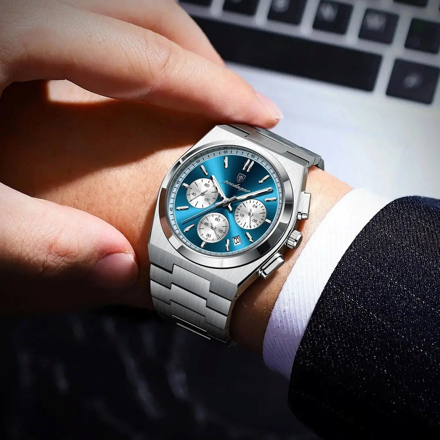 POEDAGAR 970 Luminous Date Chronograph Stainless Steel Men's Watch-Blue
