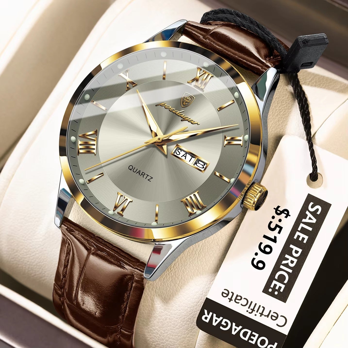 POEDAGAR 978 Casual Luminous Leather Strap Men's Watch-Gold Grey