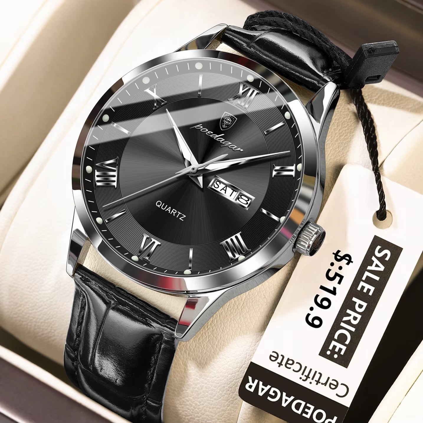 POEDAGAR 978 Casual Luminous Leather Strap Men's Watch-Silver Black