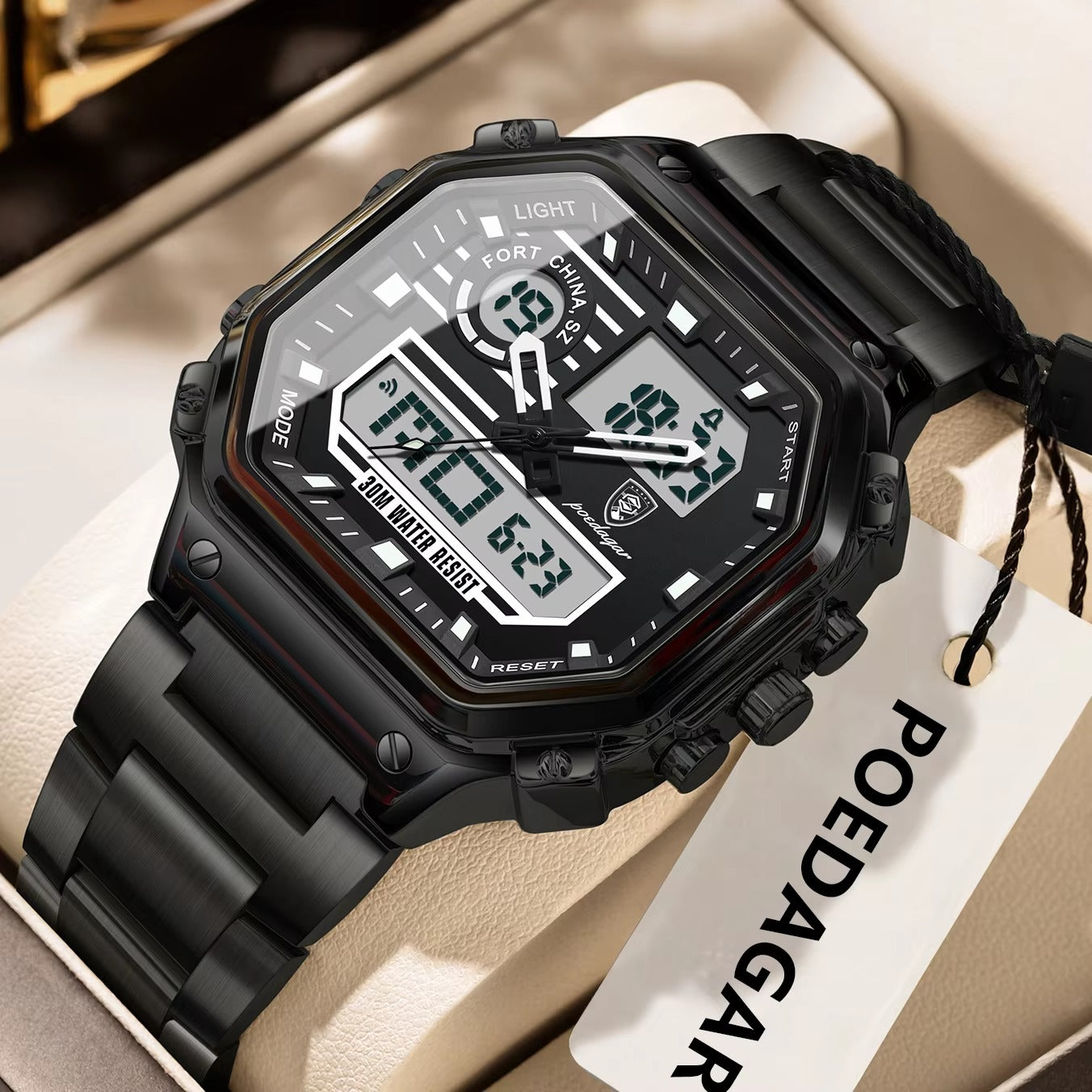 POEDAGAR 993 Sports Dual Display Electronic Men's Watch-Black