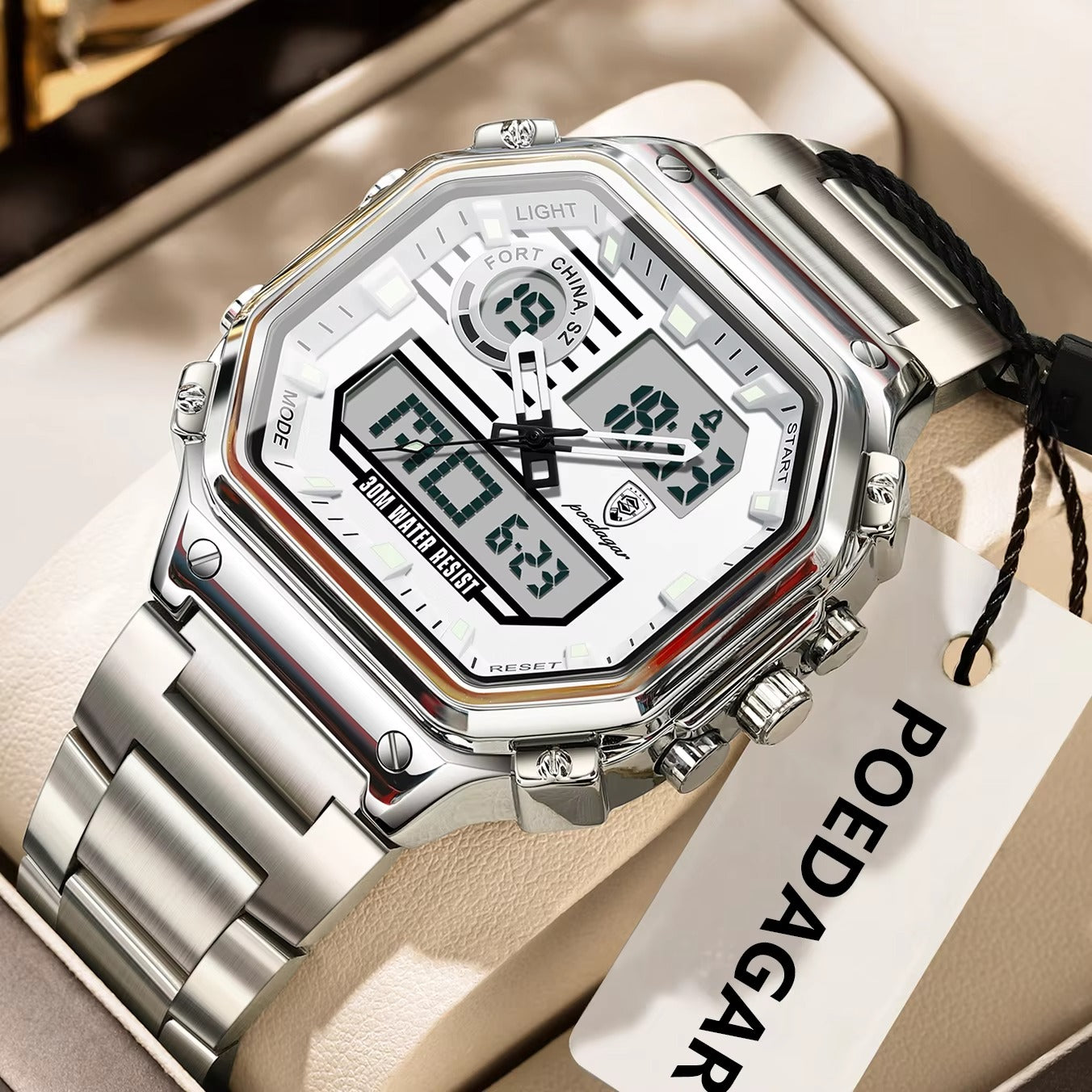 POEDAGAR 993 Sports Dual Display Electronic Men's Watch-Silver