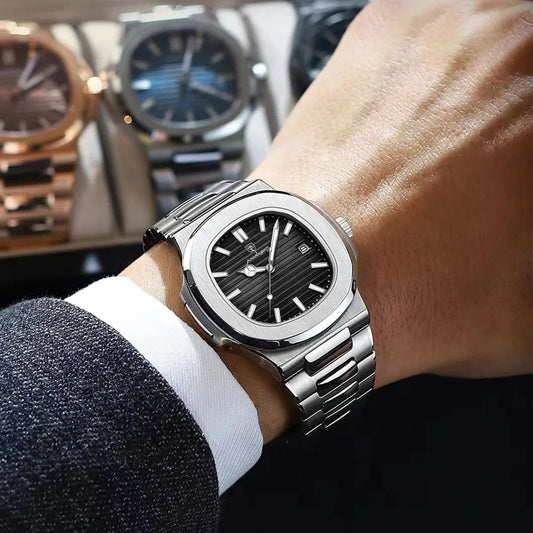 Poedagar 613 Business Quartz Luxury Stainless Steel Luminous Watch for Men- Silver Black