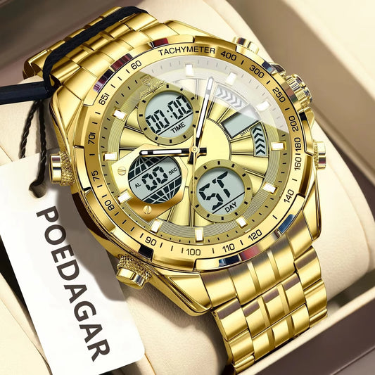 POEDAGAR E108 Dual Display Men’s Watch - Gold