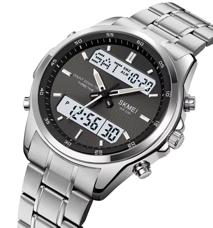 SKMEI 2049 Electronic Dual Display Quartz Watch For Men-Silver Black