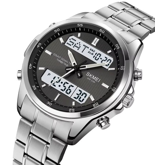 SKMEI 2049 Electronic Dual Display Quartz Watch For Men-Silver Black