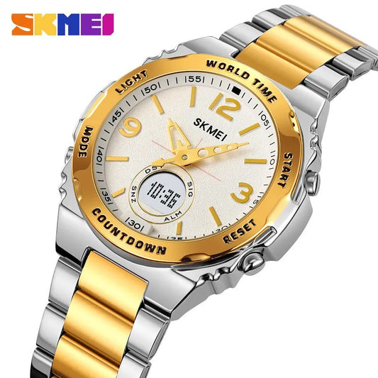 SKMEI 2310 Digital Analog Stainless Steel Watch for Men-Silver Gold