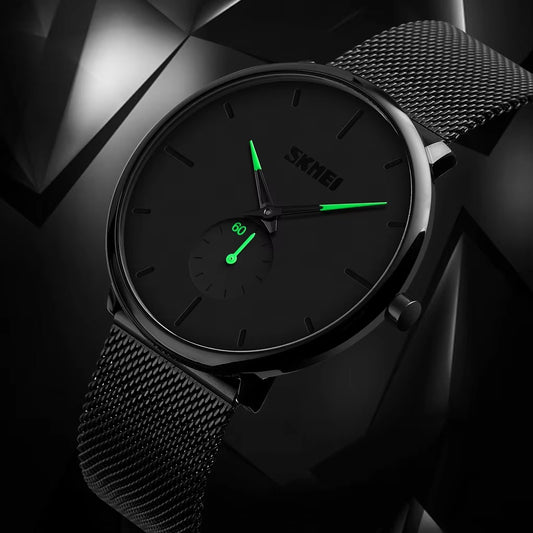 SKMEI 9185 Classic Mesh Steel Quartz Men's Watch-Black Green