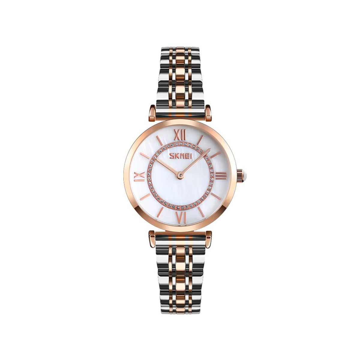 SKMEI 9198 Simple Numeral Dial Metal Belt Quartz Watch-Silver Rose Gold