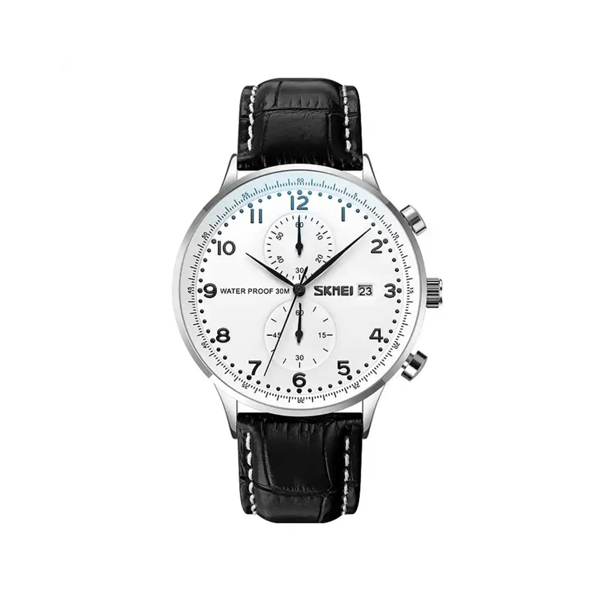 SKMEI 9301 Casual Leather Strap Date Men's Watch-Black Silver
