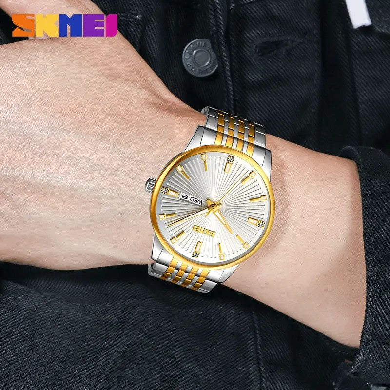 SKMEI 9323 Formal Fashion Steel Strap Men's Watch-Silver Gold