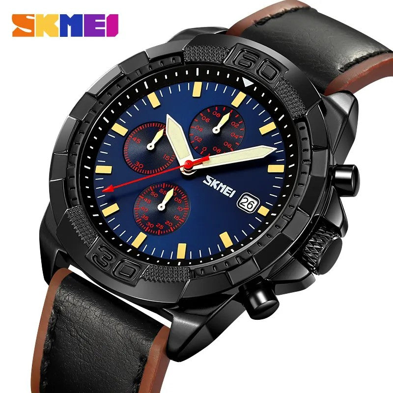 SKMEI 9347 Luxury Chronograph Leather Strap Men's Watch-Blue Black