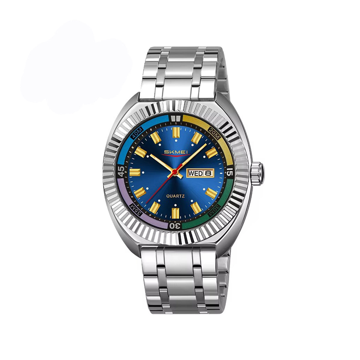 SKMEI 9353 Classic Stainless Steel Day Date Men's Watch-Silver Blue