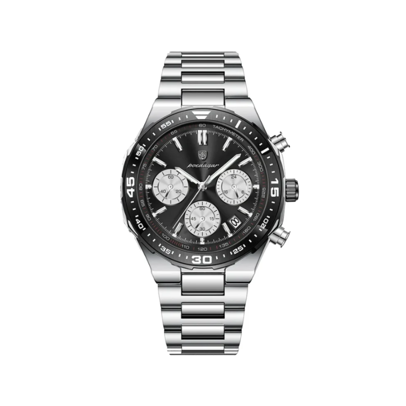 POEDAGAR 697 Men's Quartz Chronograph Watch - Black White Dial