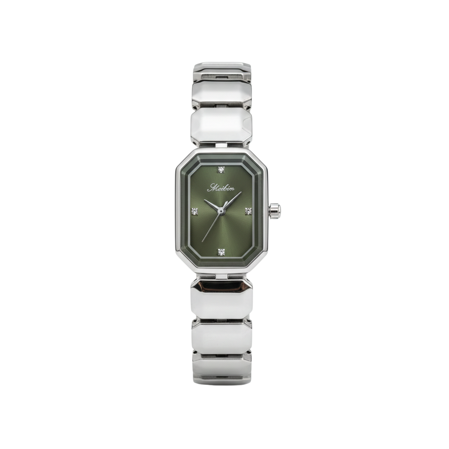 Meibin M1878L Luxury Octaonal Shape Silver Chain Watch- Olive Dial
