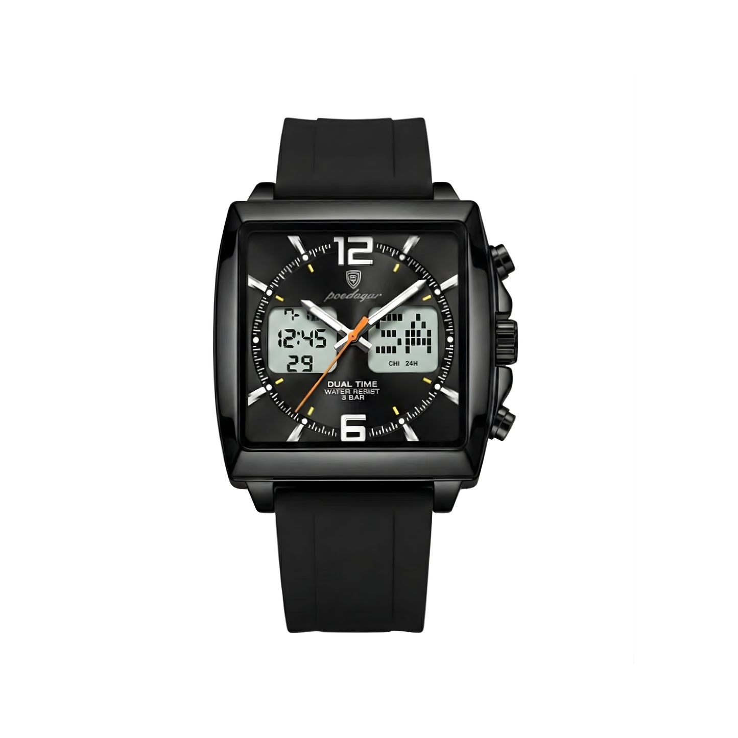 Poedagar E109 Waterproof Luminous Multifunctional Chronograph Alarm Silicone Strap Full Black Dial Men