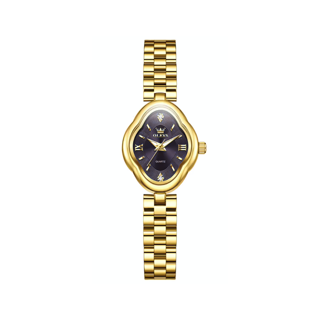 OLEVS 5666 Ladies Quartz Watch Stainless Steel Band- Black Dial