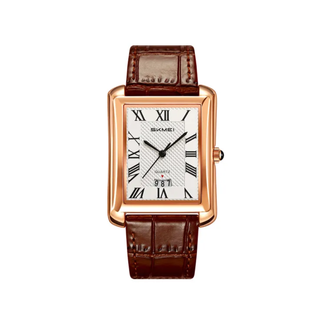 SKMEI 2575 Stainless Steel Luxury Quartz Movement Men’s Business Fashion Roman Numeral Square Case Leather Strap- Black Copper