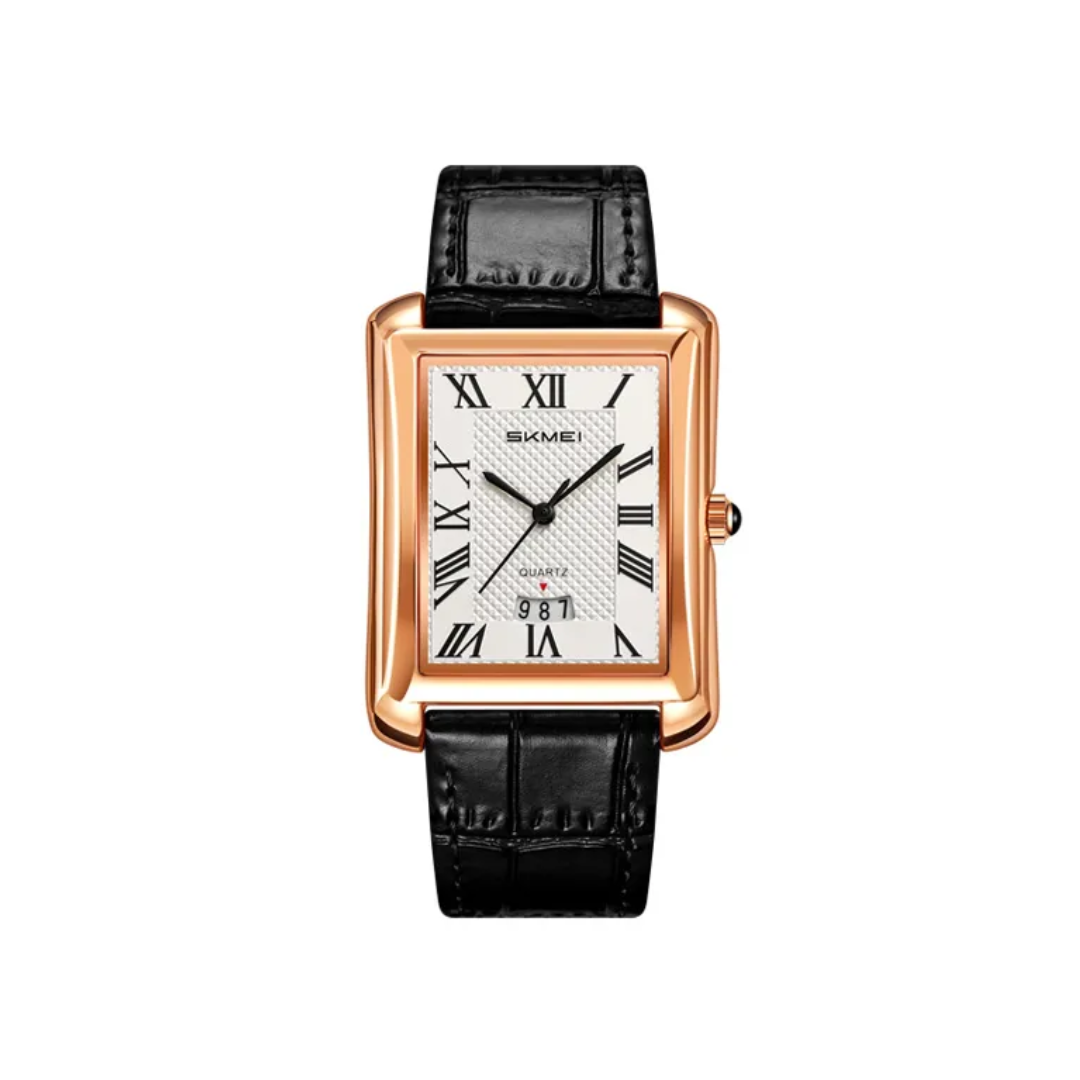 SKMEI 2575 Stainless Steel Luxury Quartz Movement Men’s Business Fashion Roman Numeral Square Case Leather Strap- Black Copper